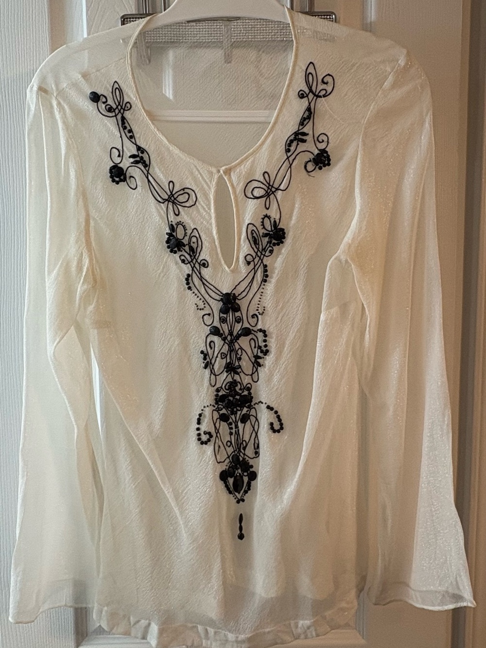 Unbranded Shimmering Ivory Sheer Long-Sleeve Blouse, Embellished Beaded Front